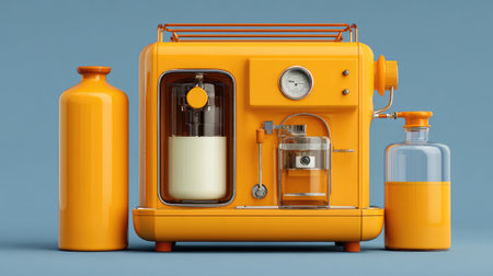 Coffee machine with open reservoir and bottle of descaling solution beside itの素材