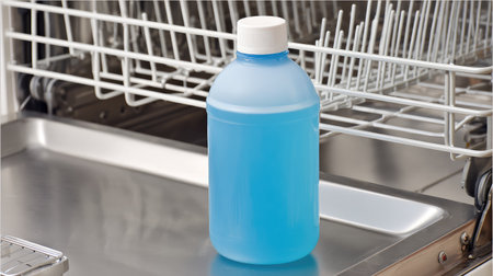 Bottled enzyme cleaner positioned next to dishwasher with shiny exterior panelの素材