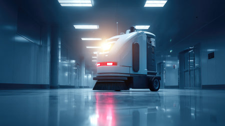 Cleanroom scrubber dryer model isolated on glossy surface under bright lightingの素材