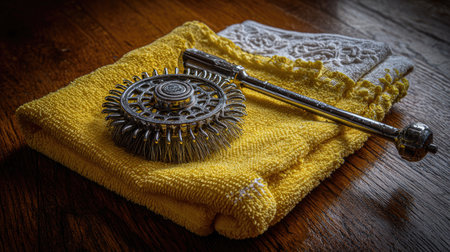 Disassembled spray arm cleaned and dried, lying on towel beside dishwasherの素材