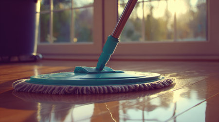 Floor cleaning unit with extended handle and wide mop head resting on clean surfaceの素材