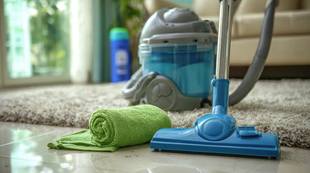 Filter cleaner for vacuum laid on clean floor next to vacuum unit and clothの素材