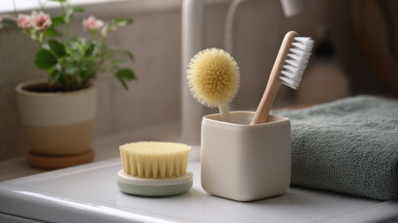 Deep clean cleaner and brush set placed next to washing machine dispenser drawerの素材