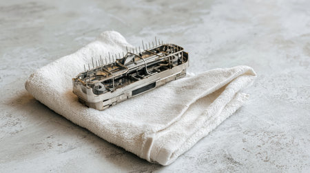 Disassembled spray arm cleaned and dried, lying on towel beside dishwasherの素材