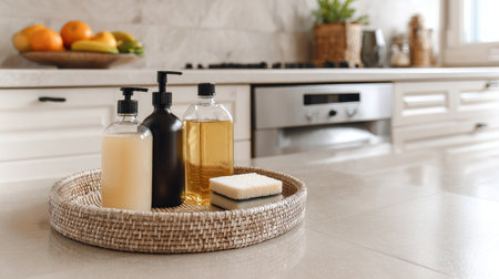 Eco-friendly dishwasher cleaning products on tray beside bright kitchen applianceの素材