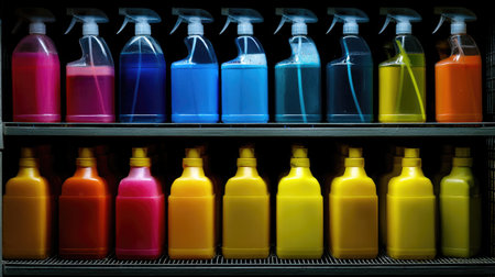 Commercial cleaning supplies stored on metal shelving in storage closetの素材