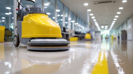 Floor cleaning machine in operation shown with wet-to-dry transition line on flooringの素材
