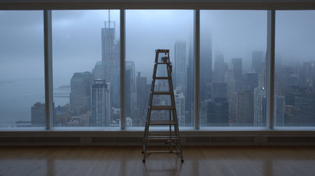 Foldable ladder and window cleaning gear placed against spotless glass panelの素材