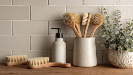 Cleaning brushes with stiff bristles and cleaning solution placed beside tilesの素材