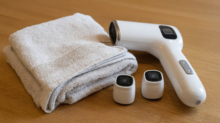 Handheld steam cleaner and accessories arranged on table next to clean towelの素材