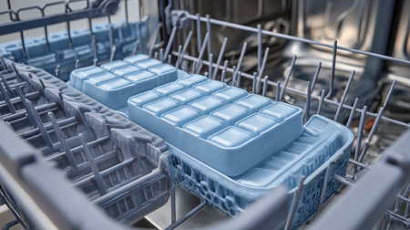 Dishwasher interior with cleaning tablet placed in compartment ready for deep cleanの素材