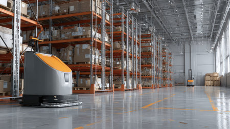 High-pressure floor washer resting near industrial shelving in a logistics facilityの素材