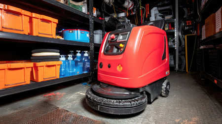 Floor scrubbing machine inside service closet surrounded by bottles and spare padsの素材