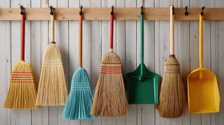 Set of brooms and dustpans hanging on wall hooks in utility roomの素材
