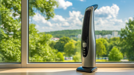 Window vacuum cleaner placed on windowsill with streak-free view in backgroundの素材