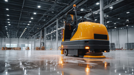 Industrial floor scrubber parked beside wall in large empty commercial spaceの素材