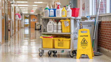 Organized janitor cart with disinfectants, mop, and caution sign in bright corridorの素材