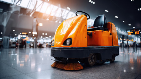 Ride-on floor scrubber with squeegee attachment parked in an airport terminalの素材