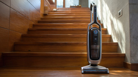 Rechargeable broom vacuum with slim body placed beside staircase with clean stepsの素材