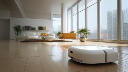 Robotic vacuum cleaner docked in corner of minimalist modern living roomの素材