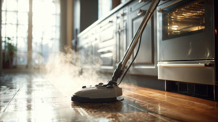Steam cleaner for oven glass panel placed on floor near oven with streak-free resultsの素材