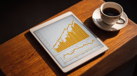 Digital business startup plan on tablet showing key goals, revenue, and growth targetsの素材