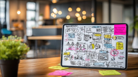 Digital tablet displaying startup's product launch plan with funding strategy and business goalsの素材