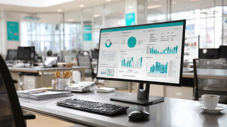 Digital dashboard with business analytics on desktop monitor in clean workspaceの素材