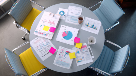 Circular table with startup planning materials, metrics reports, and sticky notesの素材