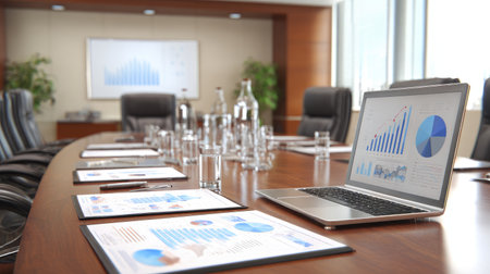 Conference room table with open laptops, charts, and water bottles arranged for business meetingの素材