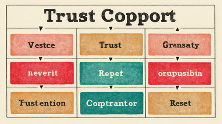 Chart with interlinked blocks labeled with team values trust, respect, cooperationの素材