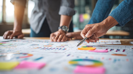 Close-up of business pitch deck slides and company growth strategy handoutsの素材