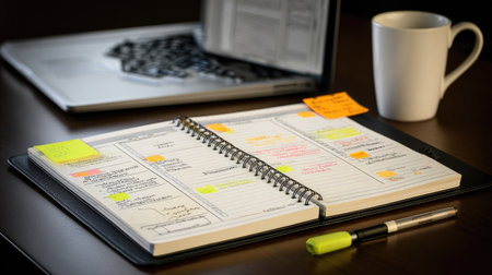 Clean workspace with notepad, highlighter, laptop, and business planning bookの素材