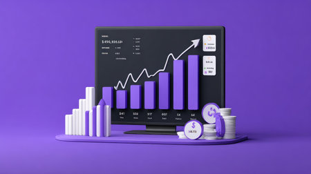 Financial dashboard with growing revenue graph and monthly progress barsの素材