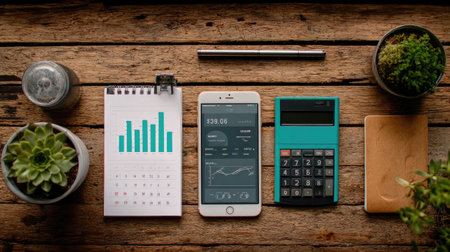 Entrepreneur desk with startup pitch deck, calendar, and digital device displaying business metricsの素材