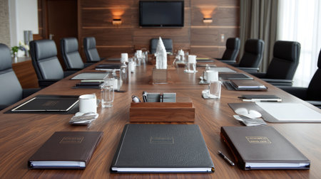 Neatly arranged boardroom with business plan folders and digital collaboration toolsの素材