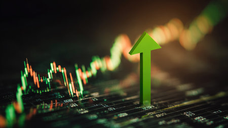 Green arrow pointing upward on financial chart representing successful business growthの素材