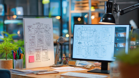 Modern office workspace with startup business strategy flowchart on whiteboard and digital screenの素材
