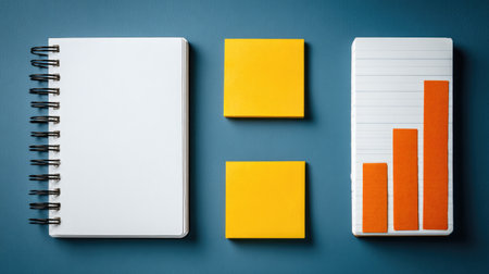 Minimalist meeting setup with planner, post-its, and business bar chartの素材