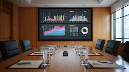 Large screen displaying KPIs and timeline next to well-organized boardroom tableの素材