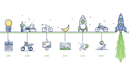 Macro view of progress arrows on timeline with startup scaling strategy iconsの素材