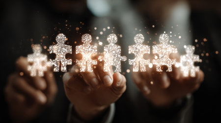 Group of connected puzzle icons on a screen symbolizing seamless team effortの素材