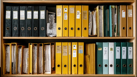 Office shelf with labeled team folders, archived tasks, and shared resourcesの素材