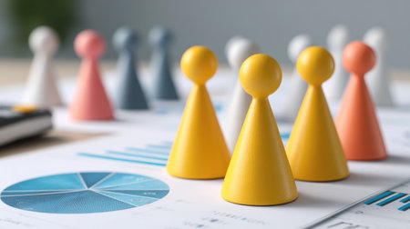 Office table filled with strategic game pieces, reports, and productivity toolsの素材