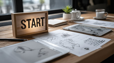 Startup business goals and growth projections laid out on papers, tablets, and business documentsの素材