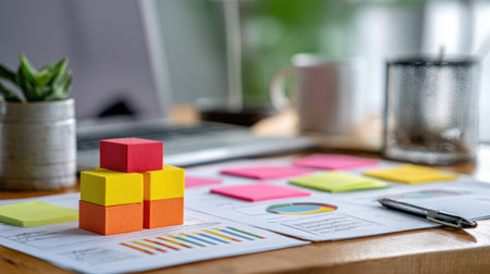 Start-up product prototype on office desk beside strategy papers, laptop, and feedback reportsの素材