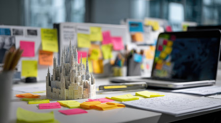 Start-up product prototype on office desk beside strategy papers, laptop, and feedback reportsの素材