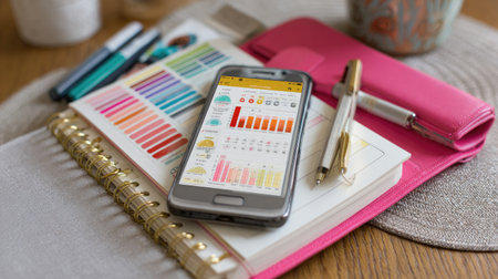Online business tools shown on smartphone next to productivity plannerの素材