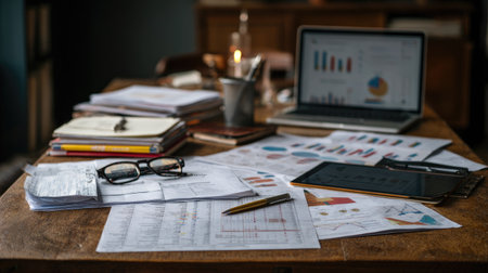 Printed startup business plan and financial spreadsheets on a desk with tablet and penの素材
