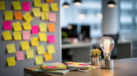 Office desk with innovative startup product prototype, marketing strategy, and funding notesの素材